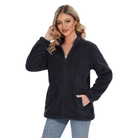 NEW Black Sherpa Jacket Zip Up Fleece Jacket Fuzzy M - Picture 3 of 8